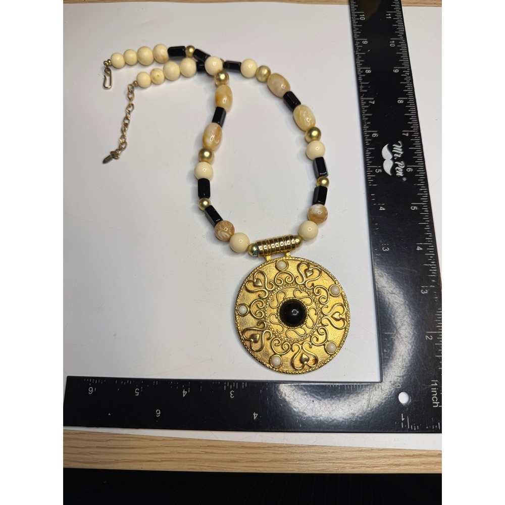 Vintage Gold Tone Medallion Statement Necklace Black Cream Beaded Boho Pendant